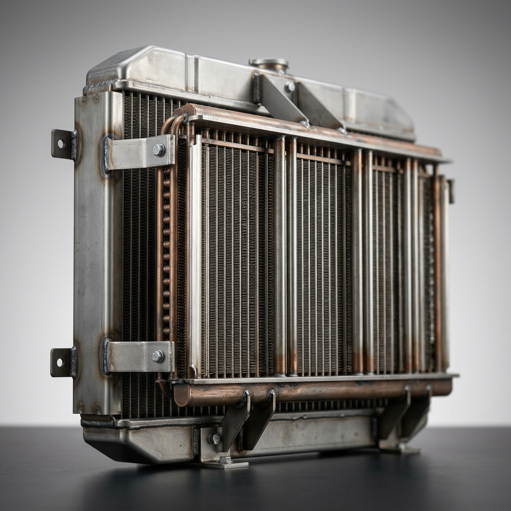 Professional studio product photography of a {{product: Radiators
Heavy-duty industrial radiators for engine cooling, power generation and process applications. Built to withstand harsh operating conditions.}}, captured with crisp industrial lighting against a clean, neutral gradient background. Focus on the intricate metallic textures, polished steel surfaces, and precision engineering details, utilizing a shallow depth of field to emphasize the structural complexity. High-resolution, sharp focus, commercial aesthetic suitable for a technical catalog or website hero banner.