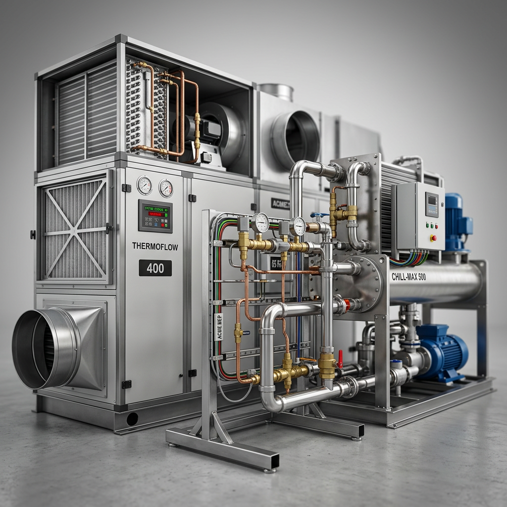 Professional studio product photography of a {{product: HVAC & MEP Equipment
Complete range of HVAC and MEP equipment for commercial and industrial facilities. From air handling units to chilled water systems and mechanical services.}}, captured with crisp industrial lighting against a clean, neutral gradient background. Focus on the intricate metallic textures, polished steel surfaces, and precision engineering details, utilizing a shallow depth of field to emphasize the structural complexity. High-resolution, sharp focus, commercial aesthetic suitable for a technical catalog or website hero banner.