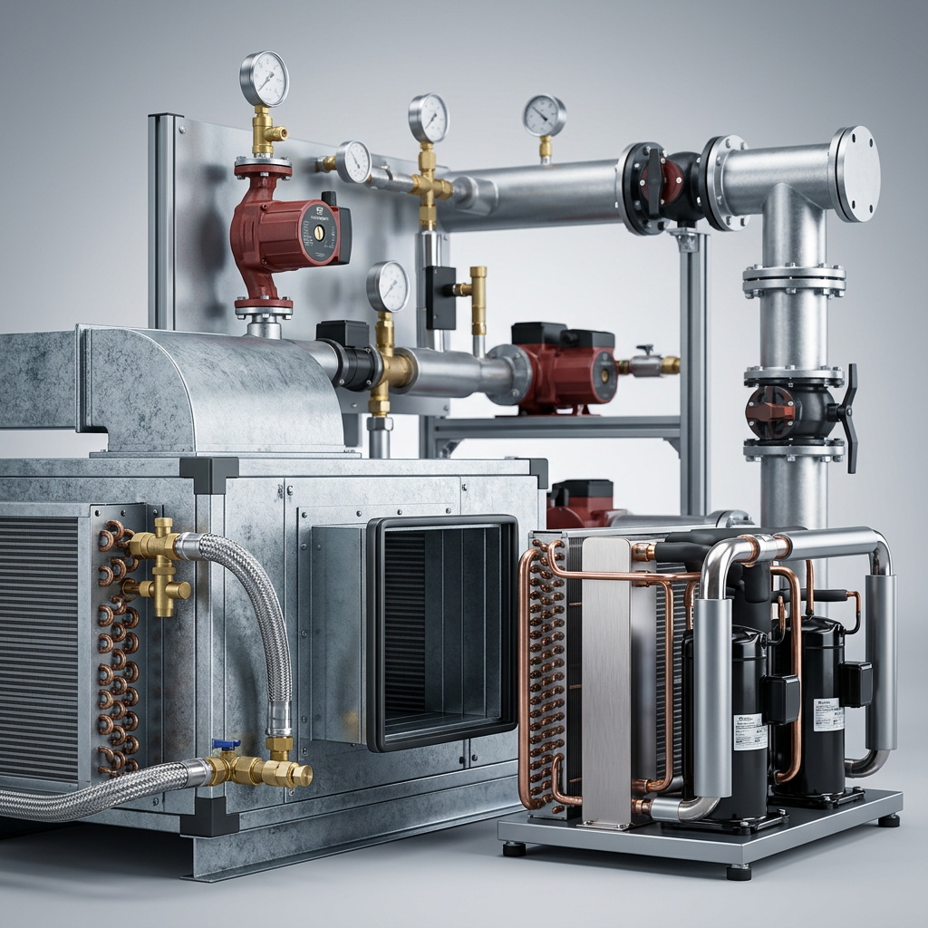 Professional studio product photography of a {{product: HVAC & MEP Equipment
Complete range of HVAC and MEP equipment for commercial and industrial facilities. From air handling units to chilled water systems and mechanical services.}}, captured with crisp industrial lighting against a clean, neutral gradient background. Focus on the intricate metallic textures, polished steel surfaces, and precision engineering details, utilizing a shallow depth of field to emphasize the structural complexity. High-resolution, sharp focus, commercial aesthetic suitable for a technical catalog or website hero banner.