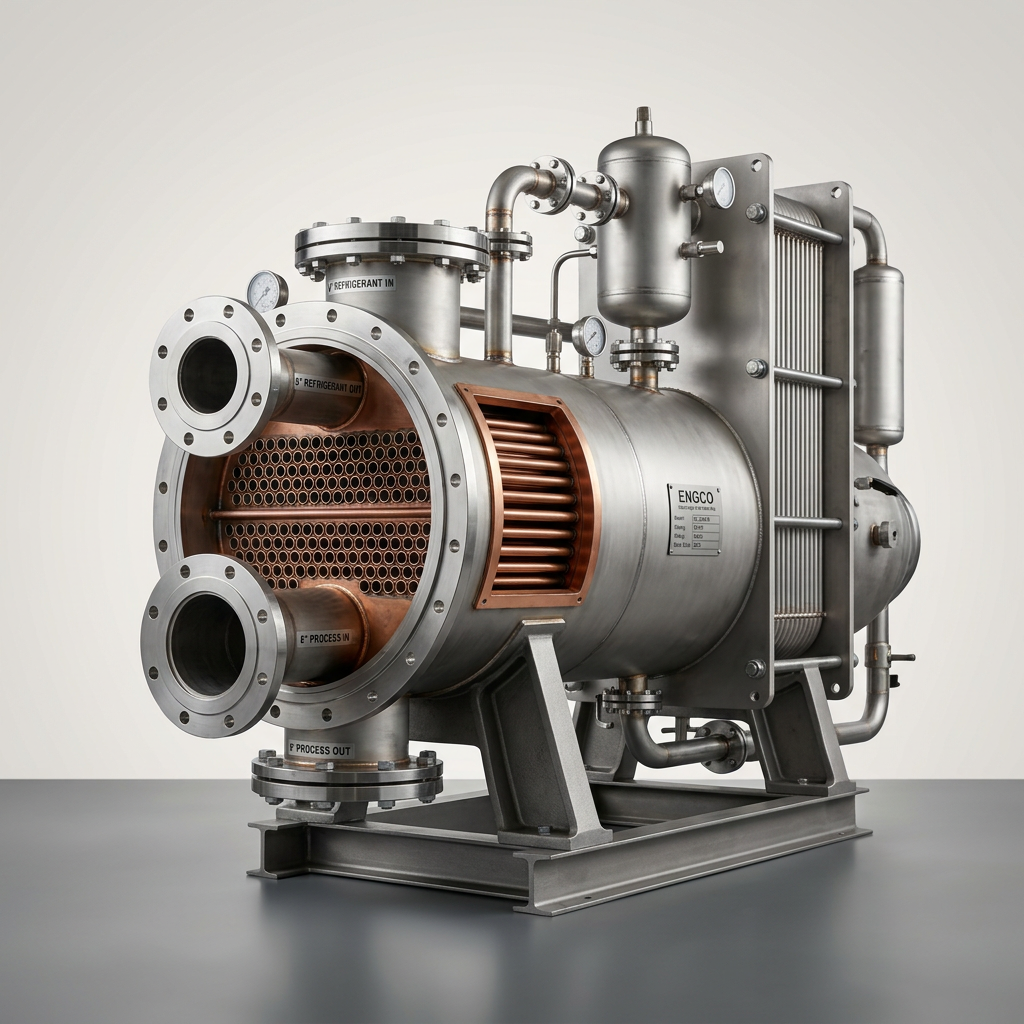 Professional studio product photography of a {{product: Evaporators
Industrial evaporators for refrigeration, food processing and chemical applications. Engineered for reliable performance in demanding operating environments.}}, captured with crisp industrial lighting against a clean, neutral gradient background. Focus on the intricate metallic textures, polished steel surfaces, and precision engineering details, utilizing a shallow depth of field to emphasize the structural complexity. High-resolution, sharp focus, commercial aesthetic suitable for a technical catalog or website hero banner.