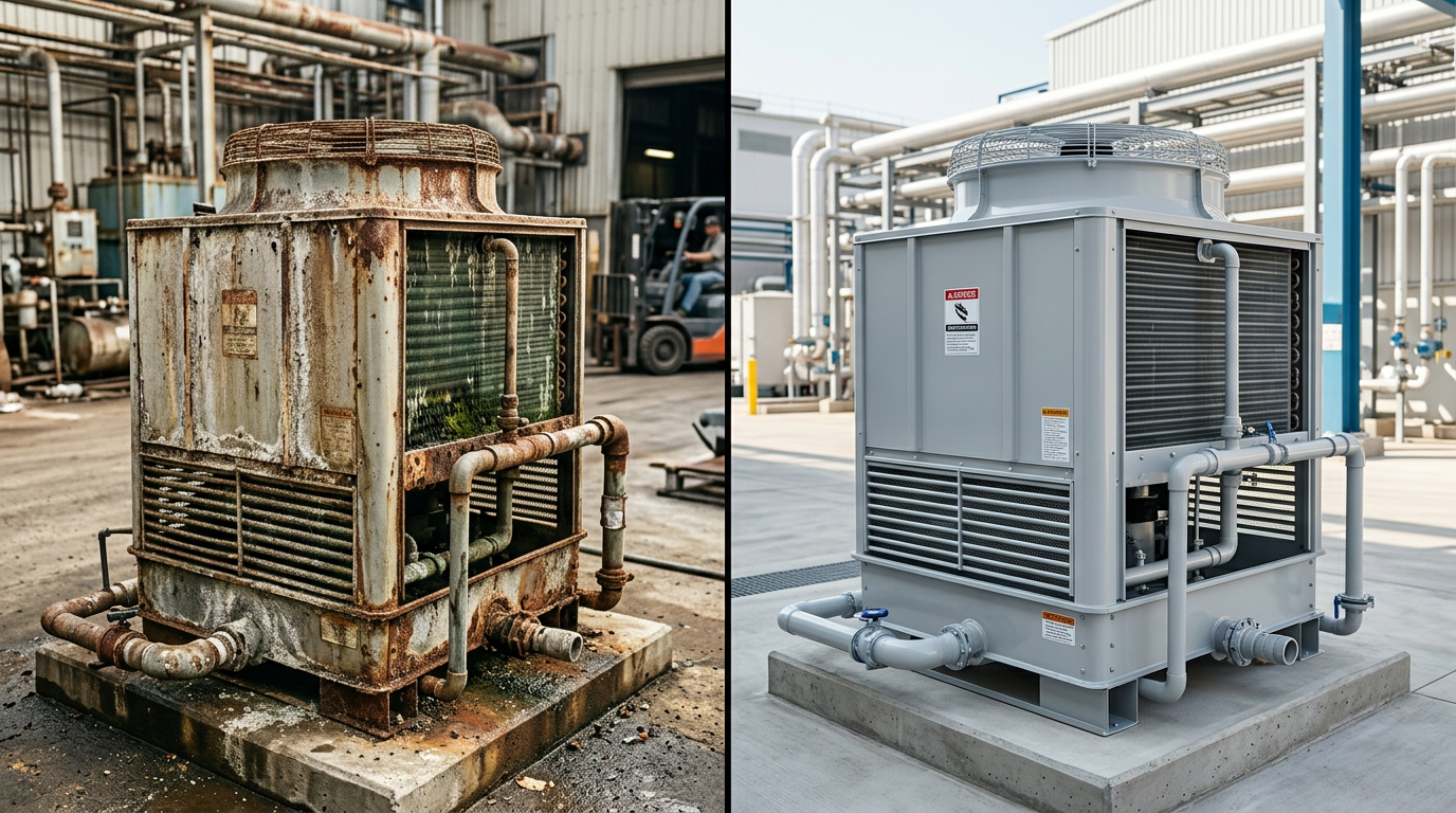 A high-detail split-screen comparison of industrial evaporative condensers and closed-circuit cooling towers. The left side displays a weathered, corroded unit showing signs of industrial wear, while the right side features a pristine, restored unit in a clean, professional maintenance state. Cinematic lighting, sharp focus, industrial setting with a depth-of-field background, emphasizing the contrast between neglected hardware and professional refurbishment.
