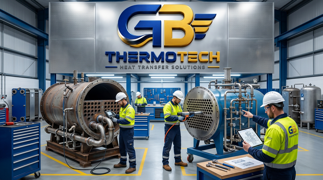 A professional, high-detail industrial photography shot showcasing skilled engineers in safety gear performing precision maintenance on fire-tube and water-tube boilers. The scene features a clean, well-lit workshop environment with a focus on real mechanical components like intricate piping, weld inspection tools, and tube replacement tasks. The lighting is crisp and cool, highlighting the industrial textures of steel and iron, capturing a sense of technical expertise and reliable service for branding purposes.
