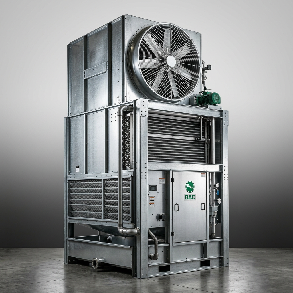 Professional studio product photography of a {{product:Closed-Circuit Cooling Towers}}, captured with crisp industrial lighting against a clean, neutral gradient background. Focus on the intricate metallic textures, polished steel surfaces, and precision engineering details, utilizing a shallow depth of field to emphasize the structural complexity. High-resolution, sharp focus, commercial aesthetic suitable for a technical catalog or website hero banner.