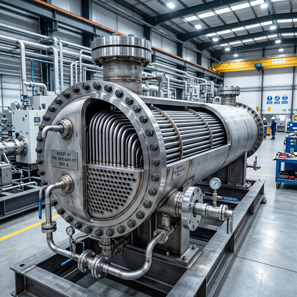 A high-end industrial photography shot of a {{asset:01}} shell and tube heat exchanger inside a modern, clean manufacturing facility. The image captures intricate engineering details, including precision-welded steel tubes, polished metal surfaces, and heavy-duty industrial components, illuminated by cool, crisp overhead lighting that highlights the metallic textures. The composition is professional and technical, emphasizing durability and precision craftsmanship in a depth-of-field focus.