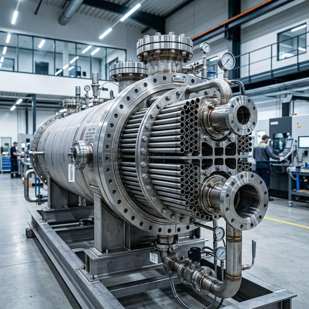 A high-end industrial photography shot of a {{asset:01}} shell and tube heat exchanger inside a modern, clean manufacturing facility. The image captures intricate engineering details, including precision-welded steel tubes, polished metal surfaces, and heavy-duty industrial components, illuminated by cool, crisp overhead lighting that highlights the metallic textures. The composition is professional and technical, emphasizing durability and precision craftsmanship in a depth-of-field focus.