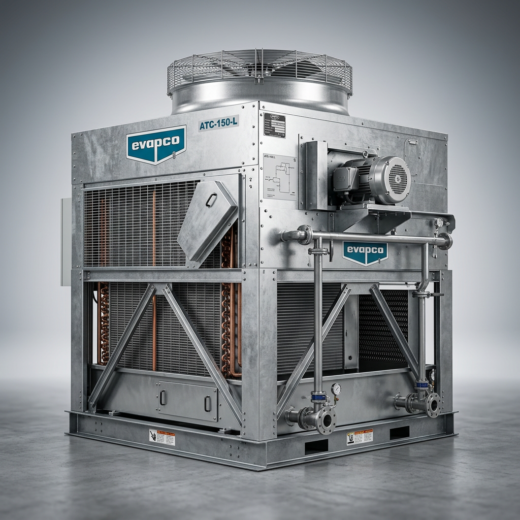 Professional studio product photography of a {{product:Evaporative Condensers}}, captured with crisp industrial lighting against a clean, neutral gradient background. Focus on the intricate metallic textures, polished steel surfaces, and precision engineering details, utilizing a shallow depth of field to emphasize the structural complexity. High-resolution, sharp focus, commercial aesthetic suitable for a technical catalog or website hero banner.