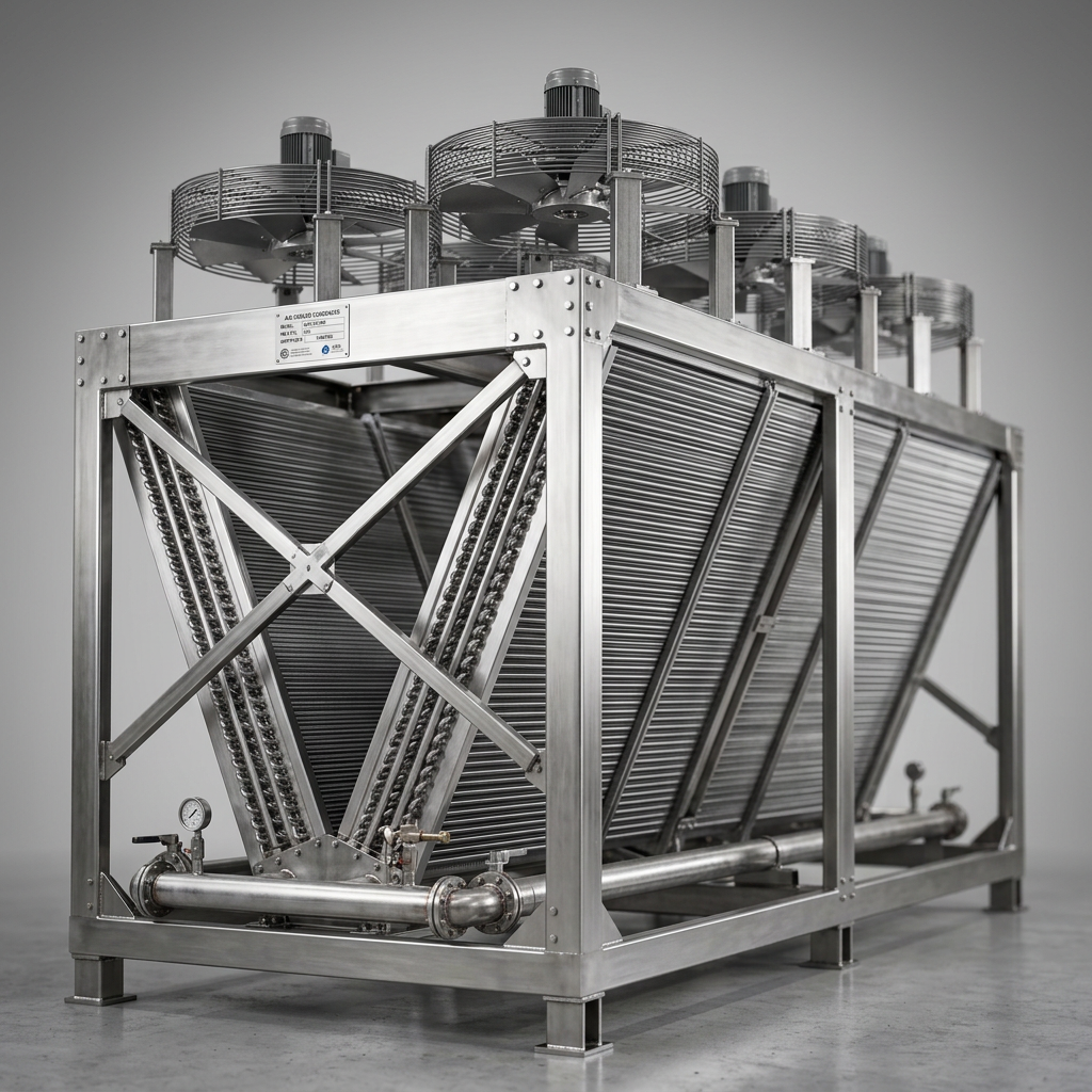 Professional studio product photography of a {{product:Air-Cooled Condensers}}, captured with crisp industrial lighting against a clean, neutral gradient background. Focus on the intricate metallic textures, polished steel surfaces, and precision engineering details, utilizing a shallow depth of field to emphasize the structural complexity. High-resolution, sharp focus, commercial aesthetic suitable for a technical catalog or website hero banner.