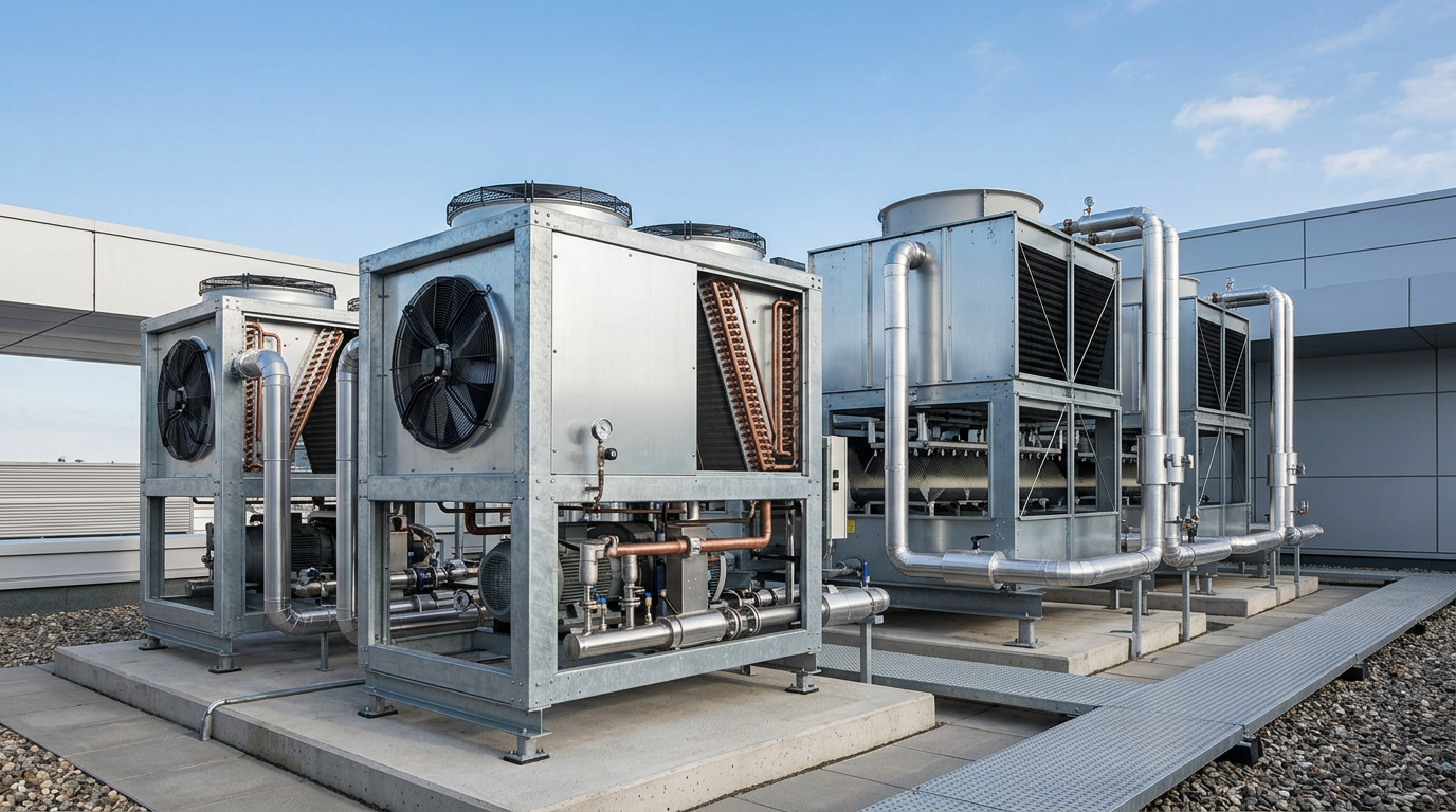 A high-end architectural industrial photography shot of {{asset:evaporative_condensers}} and {{asset:closed_circuit_cooling_towers}} installed on a modern facility rooftop. The scene features clean lines, metallic textures, and soft natural daylight, emphasizing the engineering precision and industrial application for refrigeration and process cooling. Professional composition with a sharp focus on equipment details against a clear sky background.