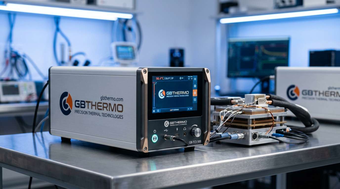 A professional, high-end product photography shot of gbthermo.com branding and thermal technology equipment. The scene features a clean, modern laboratory setting with sleek metallic textures, soft blue ambient lighting, and sharp focus on the engineering precision of the hardware, captured with a professional 85mm lens for a shallow depth of field.