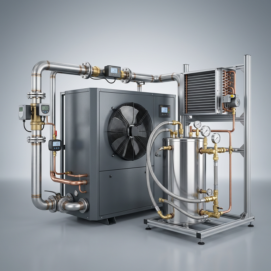 Professional studio product photography of a {{product: Heating & Cooling Equipment
Comprehensive heating and cooling plant equipment including heat pumps, fan coil units, chillers and associated controls for complete system solutions.}}, captured with crisp industrial lighting against a clean, neutral gradient background. Focus on the intricate metallic textures, polished steel surfaces, and precision engineering details, utilizing a shallow depth of field to emphasize the structural complexity. High-resolution, sharp focus, commercial aesthetic suitable for a technical catalog or website hero banner.