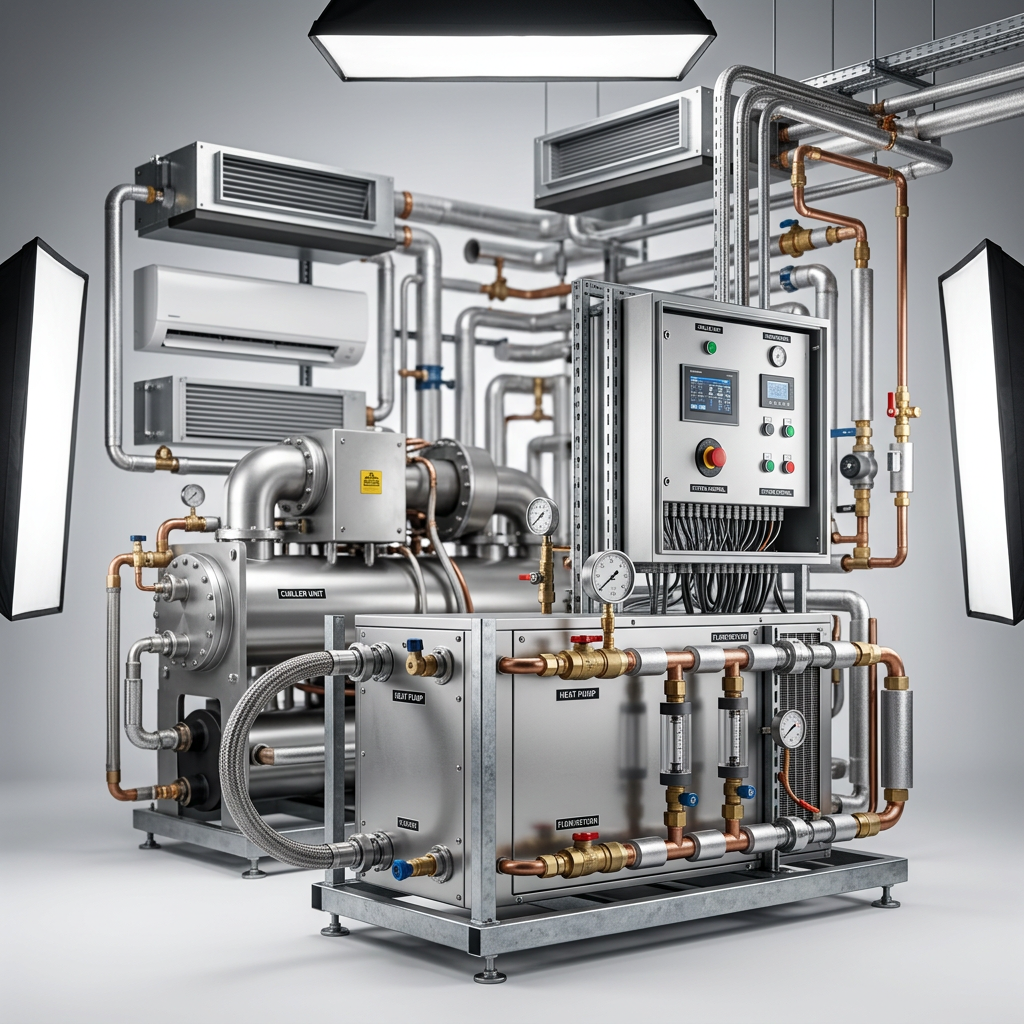 Professional studio product photography of a {{product: Heating & Cooling Equipment
Comprehensive heating and cooling plant equipment including heat pumps, fan coil units, chillers and associated controls for complete system solutions.}}, captured with crisp industrial lighting against a clean, neutral gradient background. Focus on the intricate metallic textures, polished steel surfaces, and precision engineering details, utilizing a shallow depth of field to emphasize the structural complexity. High-resolution, sharp focus, commercial aesthetic suitable for a technical catalog or website hero banner.
