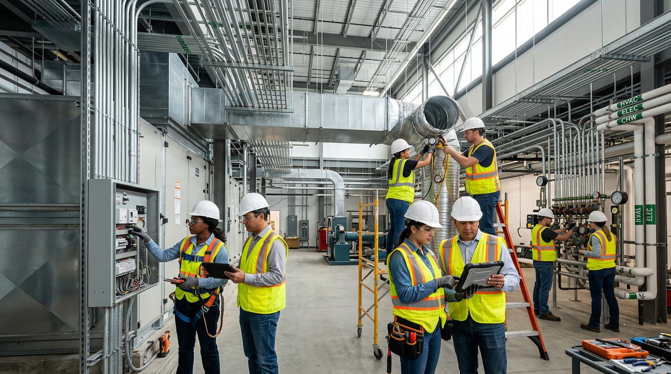 A professional wide-angle shot of a diverse team of engineers in high-visibility safety gear performing a complex MEP installation inside a modern industrial facility. The scene features exposed ductwork and intricate electrical conduits, captured with natural morning light filtering through high windows, emphasizing the technical precision and collaborative effort of the commissioning process.