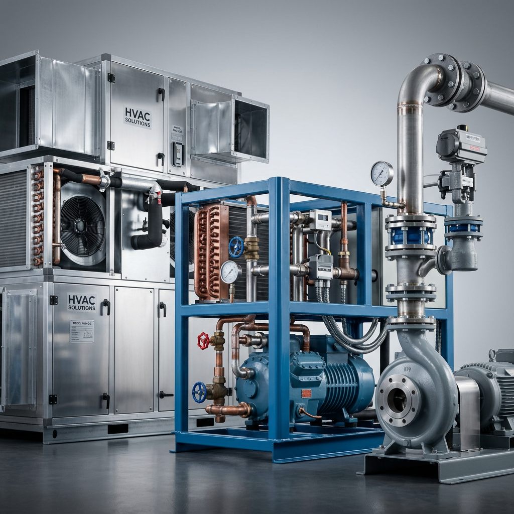 Professional studio product photography of a {{product: HVAC & MEP Equipment
Complete range of HVAC and MEP equipment for commercial and industrial facilities. From air handling units to chilled water systems and mechanical services.}}, captured with crisp industrial lighting against a clean, neutral gradient background. Focus on the intricate metallic textures, polished steel surfaces, and precision engineering details, utilizing a shallow depth of field to emphasize the structural complexity. High-resolution, sharp focus, commercial aesthetic suitable for a technical catalog or website hero banner.
