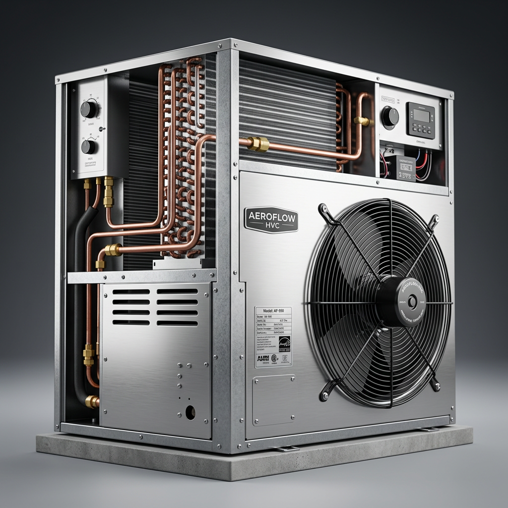 Professional studio product photography of a {{product: Heating & Cooling Equipment}}, captured with crisp industrial lighting against a clean, neutral gradient background. Focus on the intricate metallic textures, polished steel surfaces, and precision engineering details, utilizing a shallow depth of field to emphasize the structural complexity. High-resolution, sharp focus, commercial aesthetic suitable for a technical catalog or website hero banner.