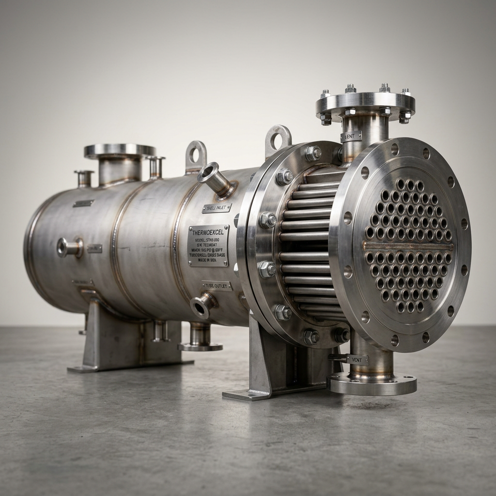 Professional studio product photography of a {{product:Shell & Tube Heat Exchanger}}, captured with crisp industrial lighting against a clean, neutral gradient background. Focus on the intricate metallic textures, polished steel surfaces, and precision engineering details, utilizing a shallow depth of field to emphasize the structural complexity. High-resolution, sharp focus, commercial aesthetic suitable for a technical catalog or website hero banner.