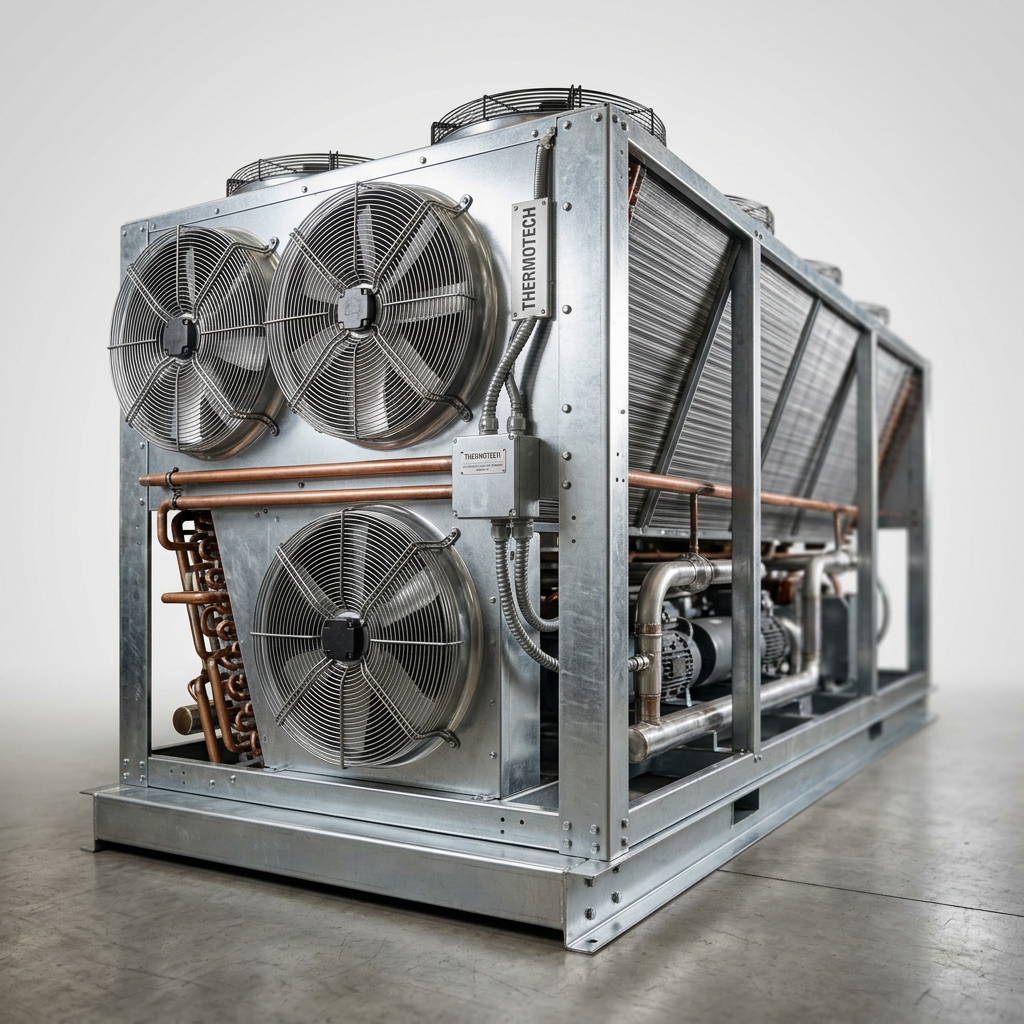 Professional studio product photography of a {{product:Air-Cooled Condensers}}, captured with crisp industrial lighting against a clean, neutral gradient background. Focus on the intricate metallic textures, polished steel surfaces, and precision engineering details, utilizing a shallow depth of field to emphasize the structural complexity. High-resolution, sharp focus, commercial aesthetic suitable for a technical catalog or website hero banner.