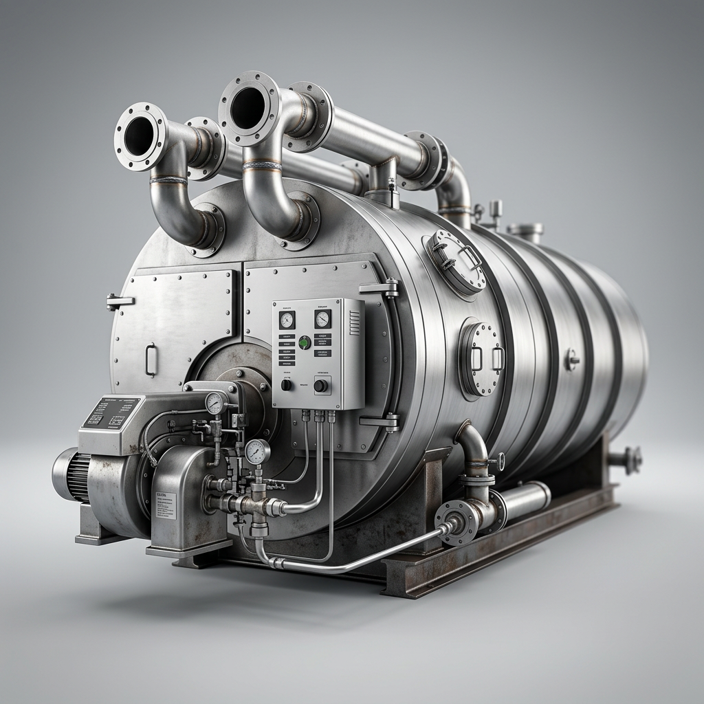 Professional studio product photography of a {{product: Boilers
Fire-tube and water-tube boilers for steam generation, process heating and hot water supply. Designed for reliability and long service life.}}, captured with crisp industrial lighting against a clean, neutral gradient background. Focus on the intricate metallic textures, polished steel surfaces, and precision engineering details, utilizing a shallow depth of field to emphasize the structural complexity. High-resolution, sharp focus, commercial aesthetic suitable for a technical catalog or website hero banner.