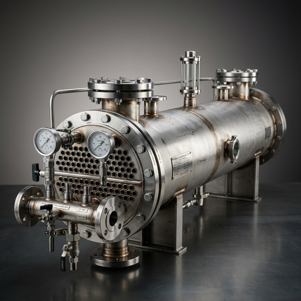 Professional studio product photography of a {{product:Shell & Tube Heat Exchanger}}, captured with crisp industrial lighting against a clean, neutral gradient background. Focus on the intricate metallic textures, polished steel surfaces, and precision engineering details, utilizing a shallow depth of field to emphasize the structural complexity. High-resolution, sharp focus, commercial aesthetic suitable for a technical catalog or website hero banner.