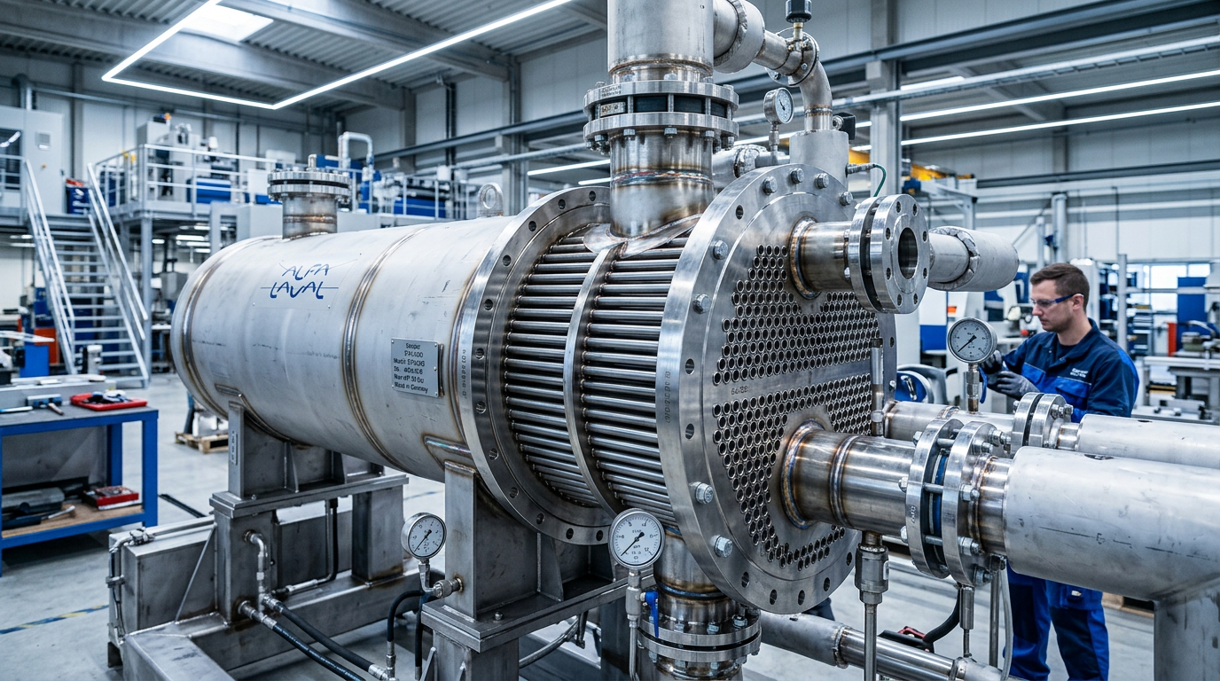 A high-end industrial photography shot of a {{asset:01}} shell and tube heat exchanger inside a modern, clean manufacturing facility. The image captures intricate engineering details, including precision-welded steel tubes, polished metal surfaces, and heavy-duty industrial components, illuminated by cool, crisp overhead lighting that highlights the metallic textures. The composition is professional and technical, emphasizing durability and precision craftsmanship in a depth-of-field focus.