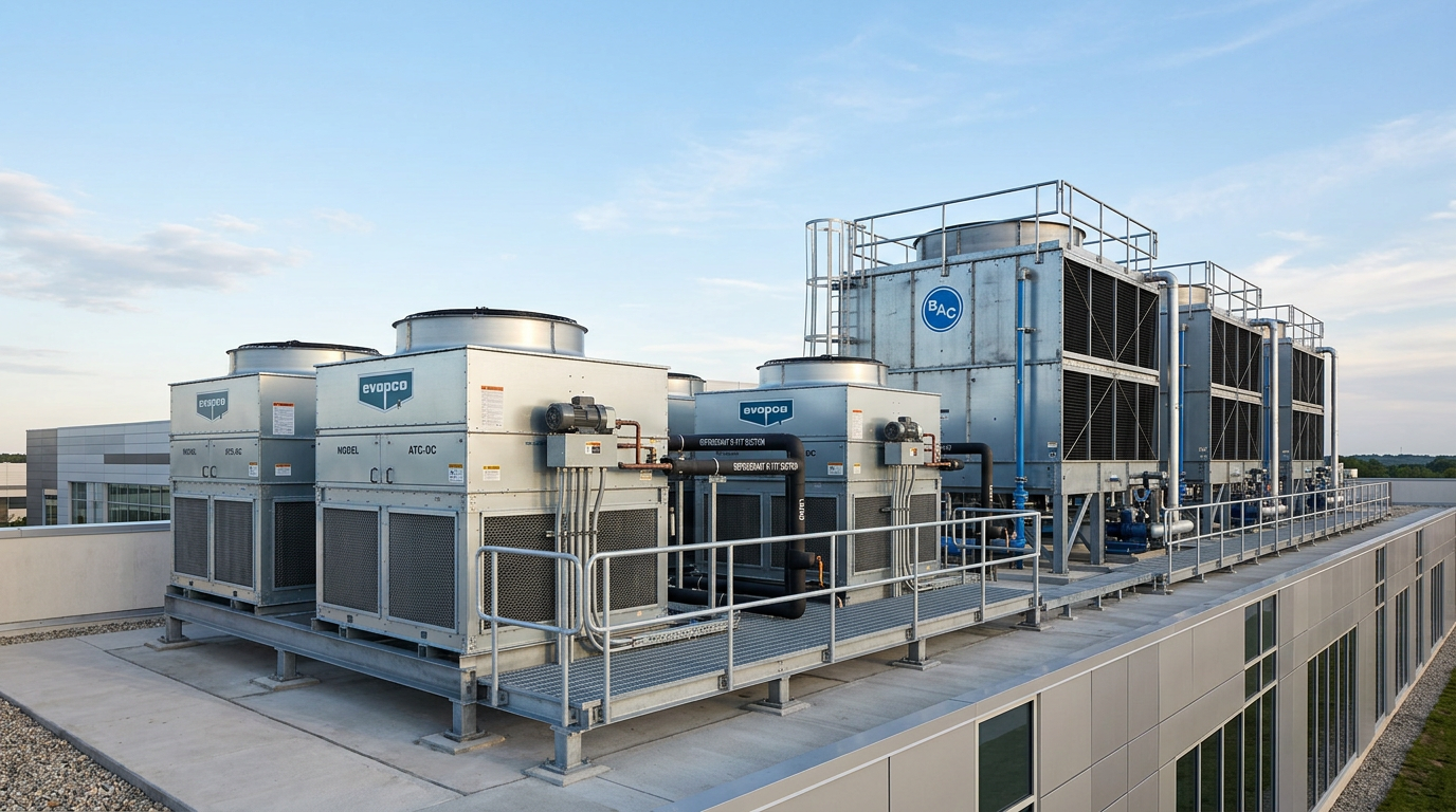 A high-end architectural industrial photography shot of {{asset:evaporative_condensers}} and {{asset:closed_circuit_cooling_towers}} installed on a modern facility rooftop. The scene features clean lines, metallic textures, and soft natural daylight, emphasizing the engineering precision and industrial application for refrigeration and process cooling. Professional composition with a sharp focus on equipment details against a clear sky background.