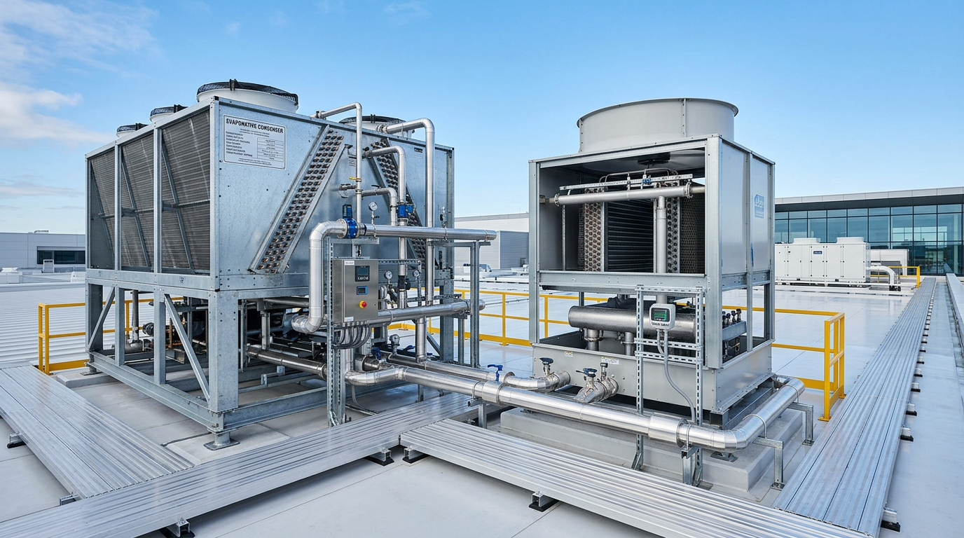 A high-end, clean industrial photography shot of {{asset:evaporative_condenser_system}} and {{asset:closed_circuit_cooling_tower}} installed on a modern facility rooftop. The scene features crisp daylight, sharp focus on the metallic engineering details, and a professional, wide-angle composition that highlights the scale and efficiency of the equipment. The aesthetic is professional, architectural, and clean, emphasizing reliable infrastructure and expert system integration.