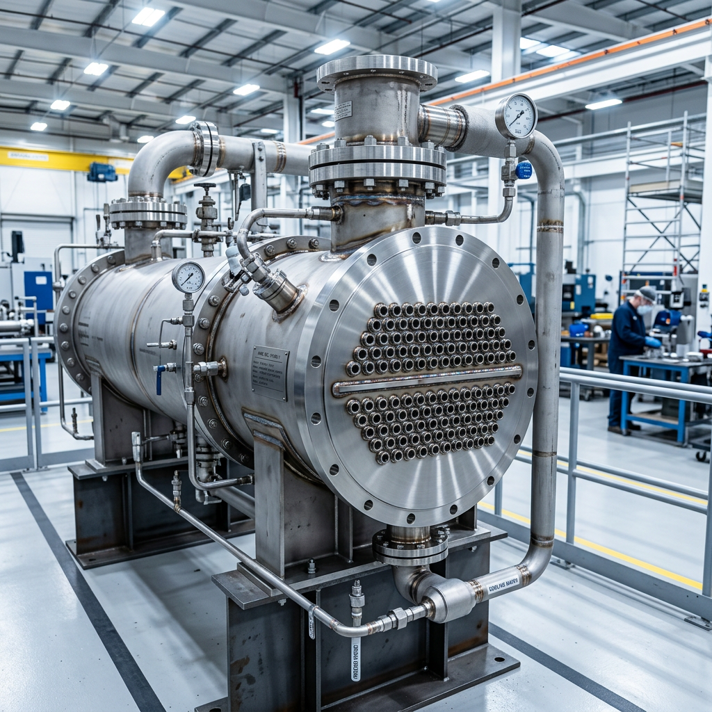 A high-end industrial photography shot of a {{asset:01}} shell and tube heat exchanger inside a modern, clean manufacturing facility. The image captures intricate engineering details, including precision-welded steel tubes, polished metal surfaces, and heavy-duty industrial components, illuminated by cool, crisp overhead lighting that highlights the metallic textures. The composition is professional and technical, emphasizing durability and precision craftsmanship in a depth-of-field focus.