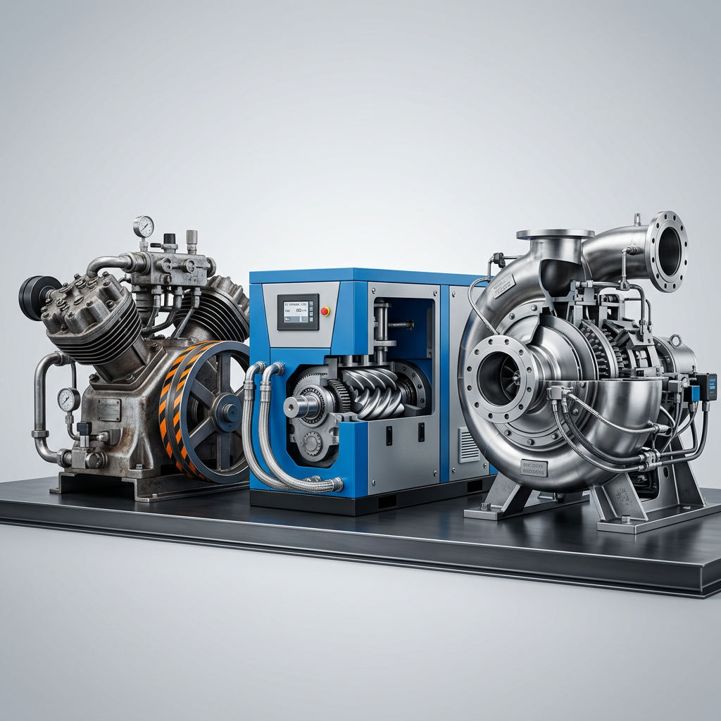 Professional studio product photography of a {{product: Compressors
Reciprocating, screw and centrifugal compressors for refrigeration, process gas and industrial applications. Supply, installation and full lifecycle support.}}, captured with crisp industrial lighting against a clean, neutral gradient background. Focus on the intricate metallic textures, polished steel surfaces, and precision engineering details, utilizing a shallow depth of field to emphasize the structural complexity. High-resolution, sharp focus, commercial aesthetic suitable for a technical catalog or website hero banner.