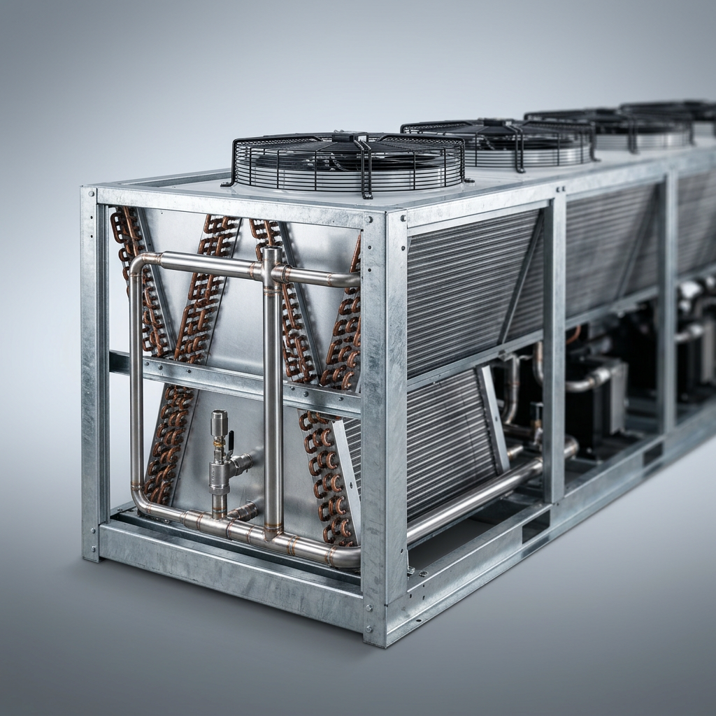 Professional studio product photography of a {{product:Air-Cooled Condensers}}, captured with crisp industrial lighting against a clean, neutral gradient background. Focus on the intricate metallic textures, polished steel surfaces, and precision engineering details, utilizing a shallow depth of field to emphasize the structural complexity. High-resolution, sharp focus, commercial aesthetic suitable for a technical catalog or website hero banner.