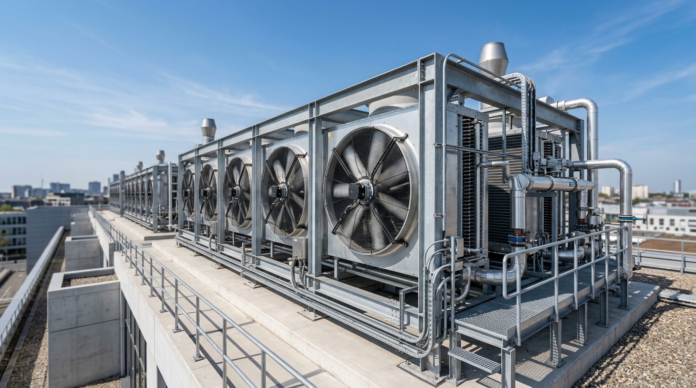 A high-end architectural shot of industrial Air-Cooled Condensers installed on a clean, modern rooftop facility under a clear blue sky. The composition emphasizes the technical precision and metallic textures of the equipment, showcasing professional fabrication and large-scale engineering, bathed in soft, natural daylight with a shallow depth of field to highlight the industrial design.