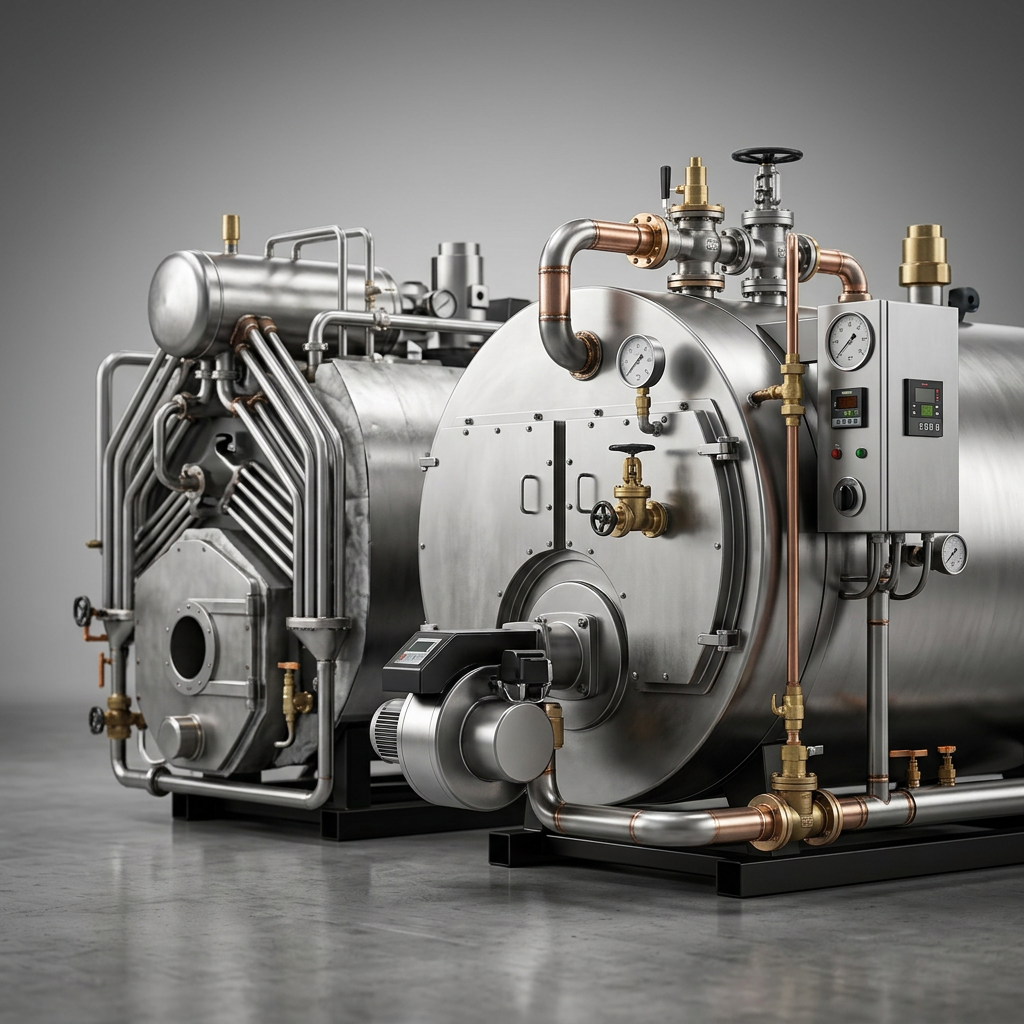 Professional studio product photography of a {{product: Boilers
Fire-tube and water-tube boilers for steam generation, process heating and hot water supply. Designed for reliability and long service life.}}, captured with crisp industrial lighting against a clean, neutral gradient background. Focus on the intricate metallic textures, polished steel surfaces, and precision engineering details, utilizing a shallow depth of field to emphasize the structural complexity. High-resolution, sharp focus, commercial aesthetic suitable for a technical catalog or website hero banner.