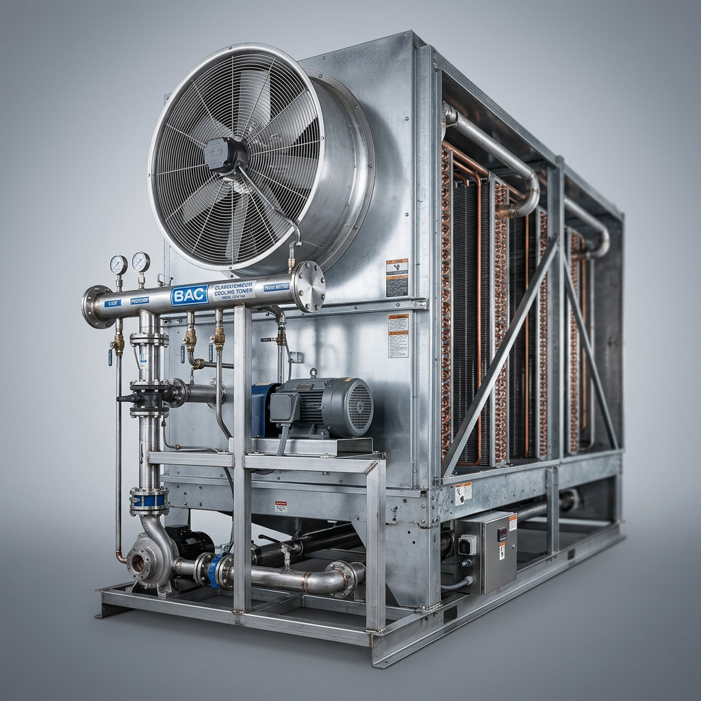 Professional studio product photography of a {{product:Closed-Circuit Cooling Towers}}, captured with crisp industrial lighting against a clean, neutral gradient background. Focus on the intricate metallic textures, polished steel surfaces, and precision engineering details, utilizing a shallow depth of field to emphasize the structural complexity. High-resolution, sharp focus, commercial aesthetic suitable for a technical catalog or website hero banner.