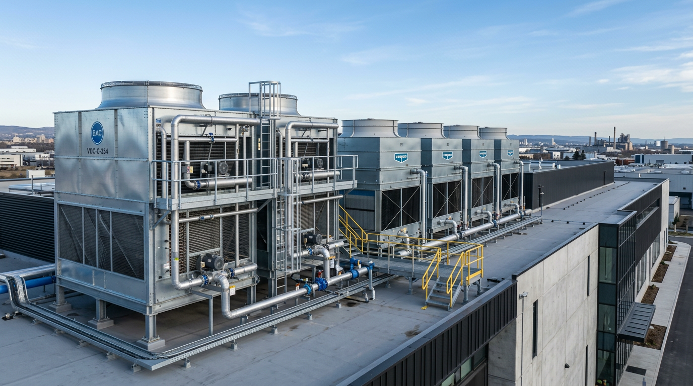 A high-end architectural industrial photography shot of {{asset:evaporative_condensers}} and {{asset:closed_circuit_cooling_towers}} installed on a modern facility rooftop. The scene features clean lines, metallic textures, and soft natural daylight, emphasizing the engineering precision and industrial application for refrigeration and process cooling. Professional composition with a sharp focus on equipment details against a clear sky background.