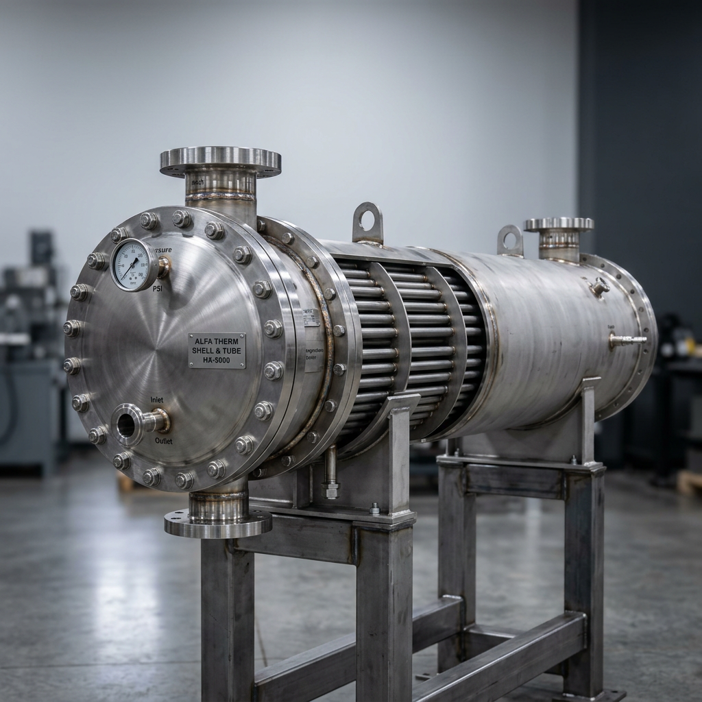 Professional studio product photography of a {{product:Shell & Tube Heat Exchanger}}, captured with crisp industrial lighting against a clean, neutral gradient background. Focus on the intricate metallic textures, polished steel surfaces, and precision engineering details, utilizing a shallow depth of field to emphasize the structural complexity. High-resolution, sharp focus, commercial aesthetic suitable for a technical catalog or website hero banner.