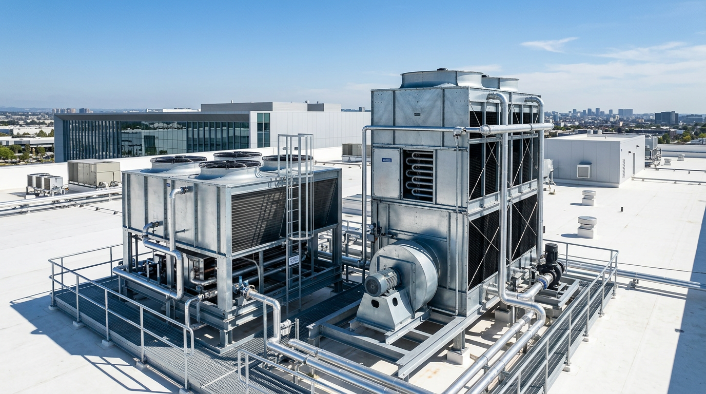 A high-end, clean industrial photography shot of {{asset:evaporative_condenser_system}} and {{asset:closed_circuit_cooling_tower}} installed on a modern facility rooftop. The scene features crisp daylight, sharp focus on the metallic engineering details, and a professional, wide-angle composition that highlights the scale and efficiency of the equipment. The aesthetic is professional, architectural, and clean, emphasizing reliable infrastructure and expert system integration.