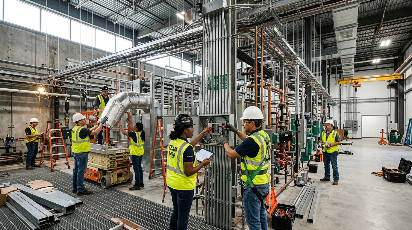 A professional wide-angle shot of a diverse team of engineers in high-visibility safety gear performing a complex MEP installation inside a modern industrial facility. The scene features exposed ductwork and intricate electrical conduits, captured with natural morning light filtering through high windows, emphasizing the technical precision and collaborative effort of the commissioning process.