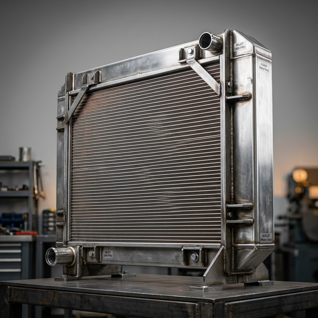 Professional studio product photography of a {{product: Radiators
Heavy-duty industrial radiators for engine cooling, power generation and process applications. Built to withstand harsh operating conditions.}}, captured with crisp industrial lighting against a clean, neutral gradient background. Focus on the intricate metallic textures, polished steel surfaces, and precision engineering details, utilizing a shallow depth of field to emphasize the structural complexity. High-resolution, sharp focus, commercial aesthetic suitable for a technical catalog or website hero banner.