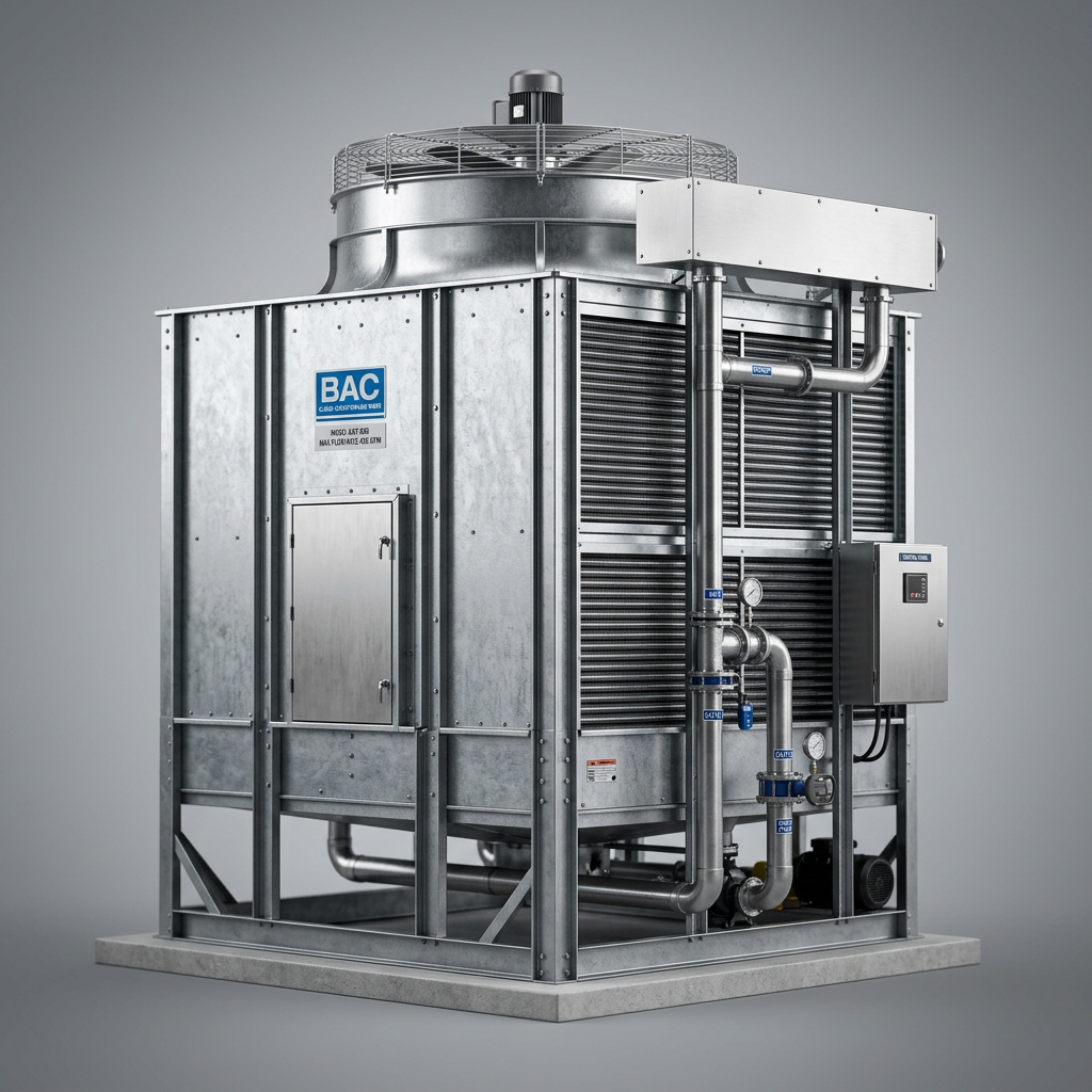 Professional studio product photography of a {{product:Closed-Circuit Cooling Towers}}, captured with crisp industrial lighting against a clean, neutral gradient background. Focus on the intricate metallic textures, polished steel surfaces, and precision engineering details, utilizing a shallow depth of field to emphasize the structural complexity. High-resolution, sharp focus, commercial aesthetic suitable for a technical catalog or website hero banner.