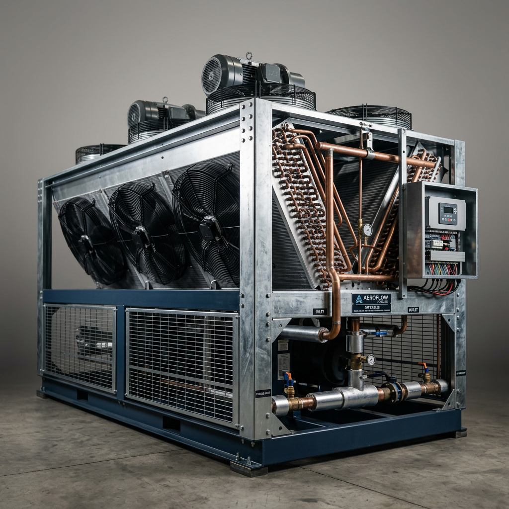 Professional studio product photography of a {{product: Dry Coolers
Dry coolers for closed-loop cooling systems where water usage must be minimised. Suitable for data centres, power plants and industrial processes.}}, captured with crisp industrial lighting against a clean, neutral gradient background. Focus on the intricate metallic textures, polished steel surfaces, and precision engineering details, utilizing a shallow depth of field to emphasize the structural complexity. High-resolution, sharp focus, commercial aesthetic suitable for a technical catalog or website hero banner.