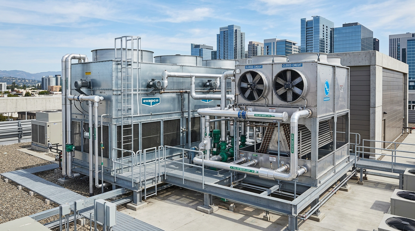 A high-end, clean industrial photography shot of {{asset:evaporative_condenser_system}} and {{asset:closed_circuit_cooling_tower}} installed on a modern facility rooftop. The scene features crisp daylight, sharp focus on the metallic engineering details, and a professional, wide-angle composition that highlights the scale and efficiency of the equipment. The aesthetic is professional, architectural, and clean, emphasizing reliable infrastructure and expert system integration.