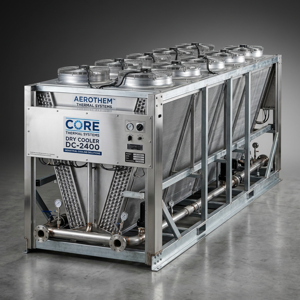 Professional studio product photography of a {{product: Dry Coolers
Dry coolers for closed-loop cooling systems where water usage must be minimised. Suitable for data centres, power plants and industrial processes.}}, captured with crisp industrial lighting against a clean, neutral gradient background. Focus on the intricate metallic textures, polished steel surfaces, and precision engineering details, utilizing a shallow depth of field to emphasize the structural complexity. High-resolution, sharp focus, commercial aesthetic suitable for a technical catalog or website hero banner.