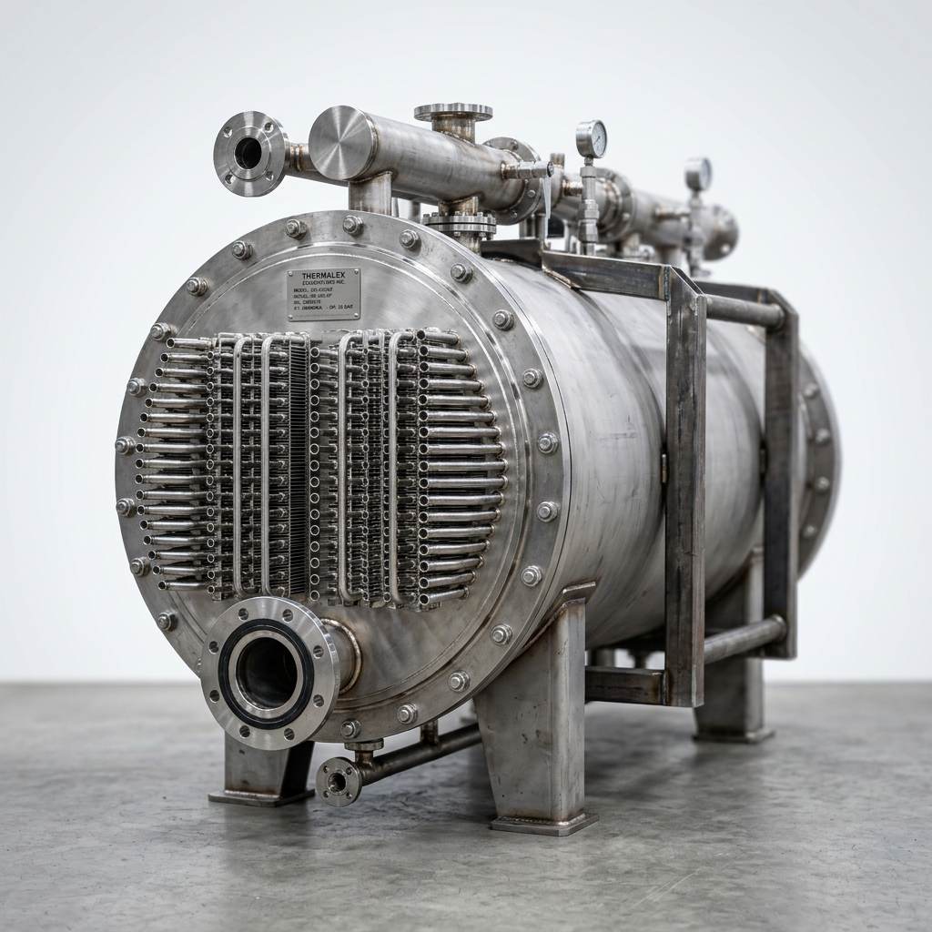 Professional studio product photography of a {{product: Evaporators
Industrial evaporators for refrigeration, food processing and chemical applications. Engineered for reliable performance in demanding operating environments.}}, captured with crisp industrial lighting against a clean, neutral gradient background. Focus on the intricate metallic textures, polished steel surfaces, and precision engineering details, utilizing a shallow depth of field to emphasize the structural complexity. High-resolution, sharp focus, commercial aesthetic suitable for a technical catalog or website hero banner.