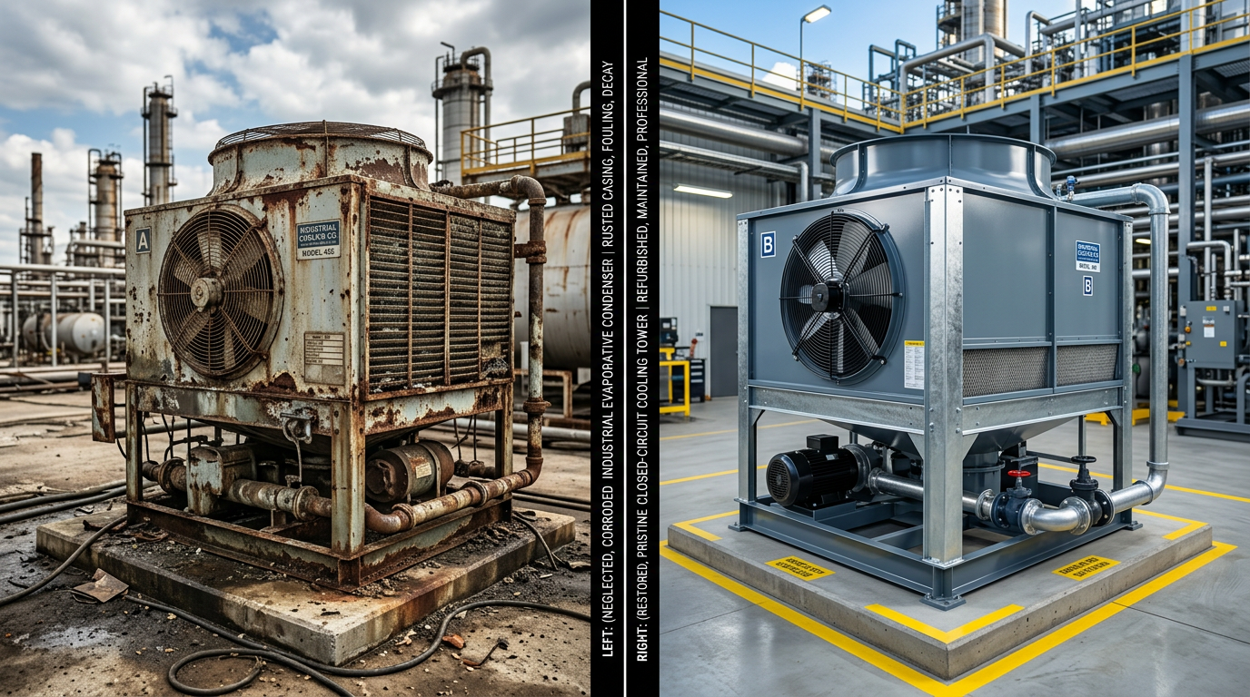 A high-detail split-screen comparison of industrial evaporative condensers and closed-circuit cooling towers. The left side displays a weathered, corroded unit showing signs of industrial wear, while the right side features a pristine, restored unit in a clean, professional maintenance state. Cinematic lighting, sharp focus, industrial setting with a depth-of-field background, emphasizing the contrast between neglected hardware and professional refurbishment.