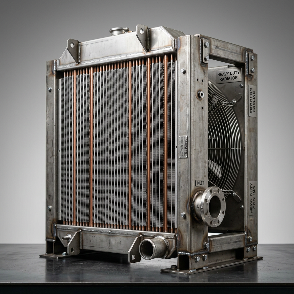Professional studio product photography of a {{product: Radiators
Heavy-duty industrial radiators for engine cooling, power generation and process applications. Built to withstand harsh operating conditions.}}, captured with crisp industrial lighting against a clean, neutral gradient background. Focus on the intricate metallic textures, polished steel surfaces, and precision engineering details, utilizing a shallow depth of field to emphasize the structural complexity. High-resolution, sharp focus, commercial aesthetic suitable for a technical catalog or website hero banner.