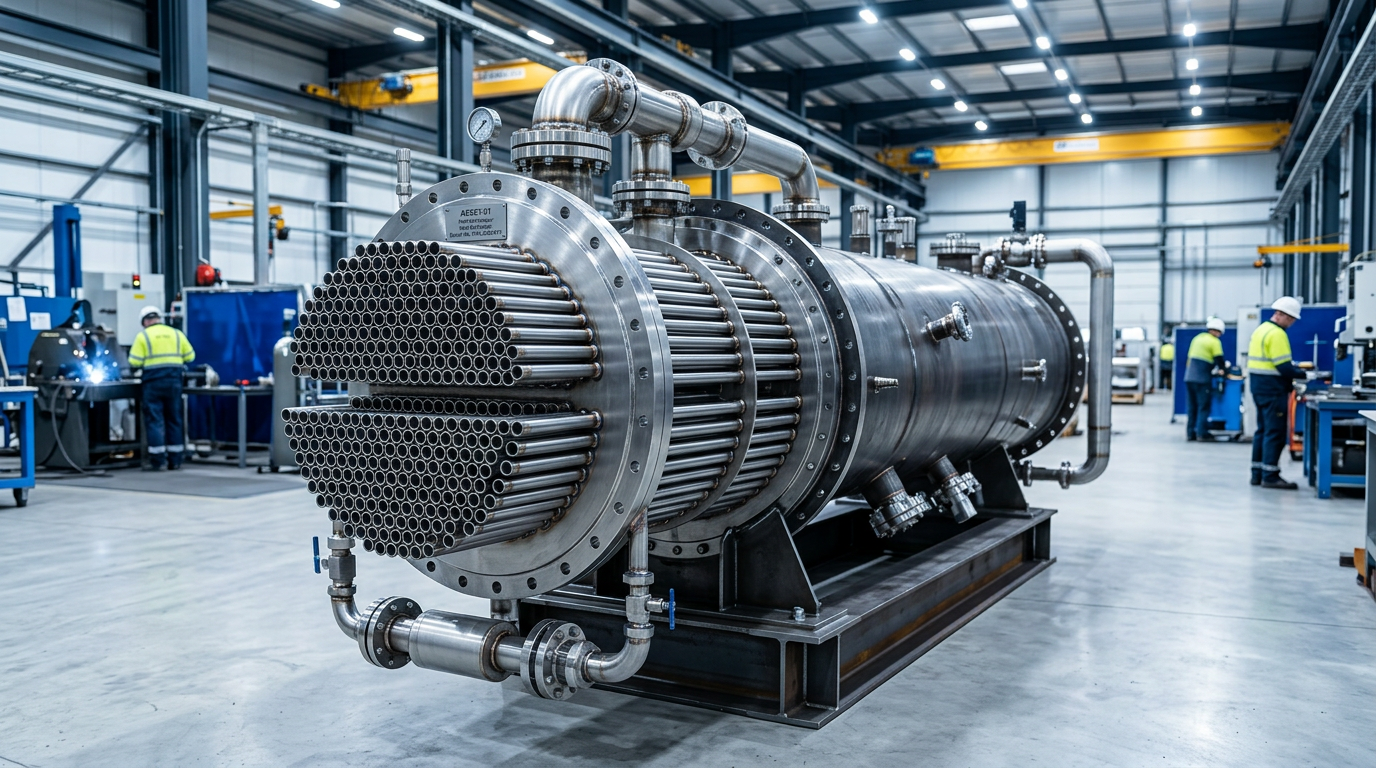 A high-end industrial photography shot of a {{asset:01}} shell and tube heat exchanger inside a modern, clean manufacturing facility. The image captures intricate engineering details, including precision-welded steel tubes, polished metal surfaces, and heavy-duty industrial components, illuminated by cool, crisp overhead lighting that highlights the metallic textures. The composition is professional and technical, emphasizing durability and precision craftsmanship in a depth-of-field focus.