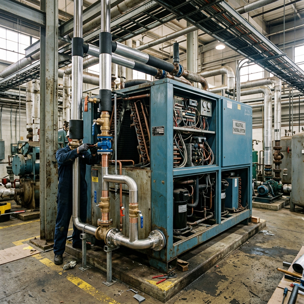 AI Design for An authentic documentary-style industrial engineering photograph capturing a large thermal system installation inside an operating mechanical facility, featuring a massive industrial chiller with service panels open to reveal exposed components, newly integrated upgrade piping, and modern valves contrasting naturally with older equipment. The background showcases a genuine working plant environment with concrete flooring, overhead pipe racks, cable trays, and subtle industrial wear. Natural ambient lighting streams through the facility, highlighting tactile textures of weathered painted metal, insulated copper piping, and steel supports with an understated, professional corporate composition. no human face should appear. No other brand / company names should appear