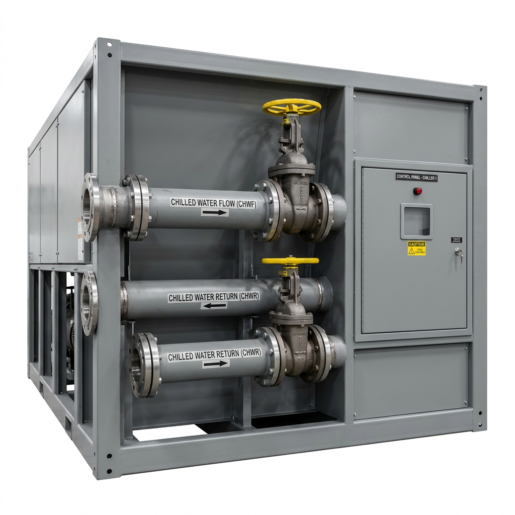AI Design for Cut-outs need this instead of a ground: isolated on a pure white background, no shadow, no scene, no surface.

The connection end of a packaged air-cooled water chiller, showing the
    flanged chilled-water flow and return headers, isolating valves and a closed
    control panel door.