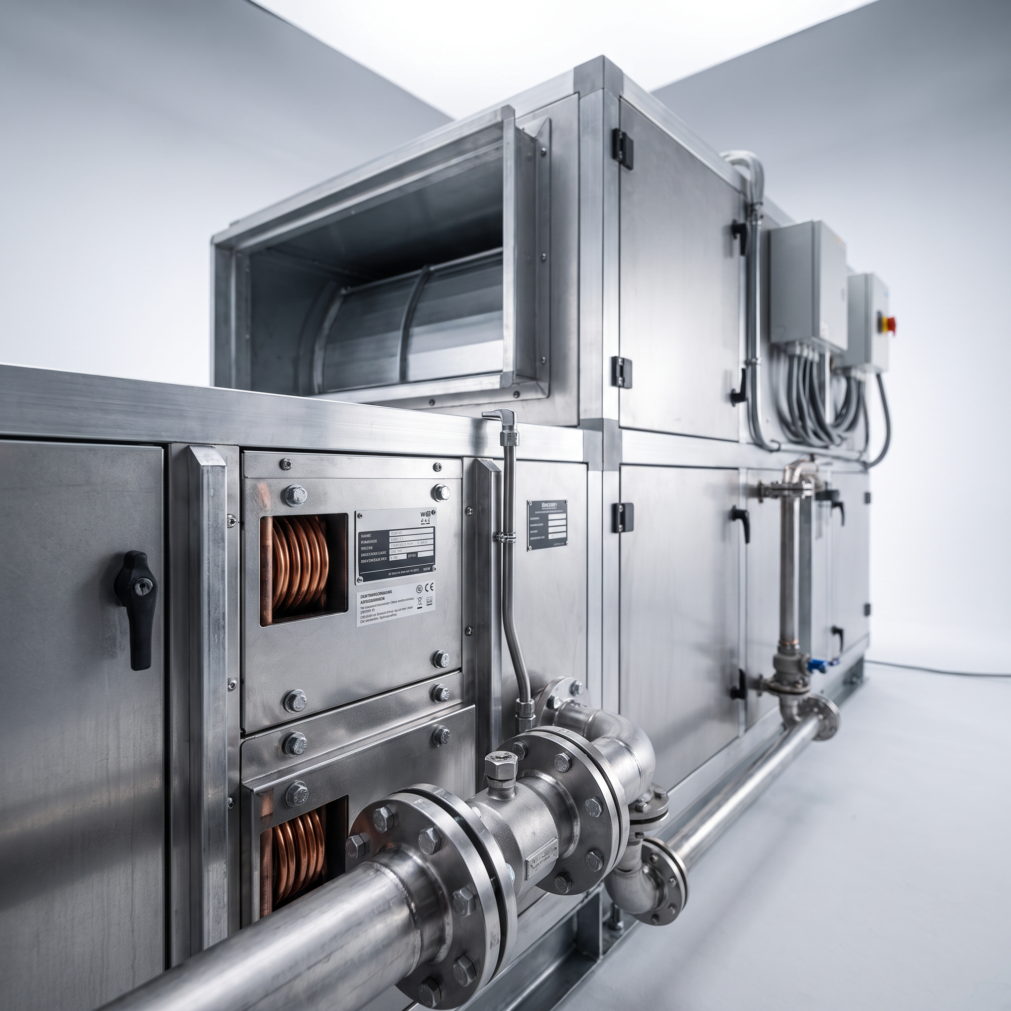 AI Design for Professional studio product photography of {{product:HVAC & MEP Equipment}}, captured with crisp industrial lighting against a clean, neutral gradient background. Focus on the intricate metallic textures, polished steel surfaces, and precision engineering details, utilizing a shallow depth of field to emphasize the structural complexity and commercial aesthetic.