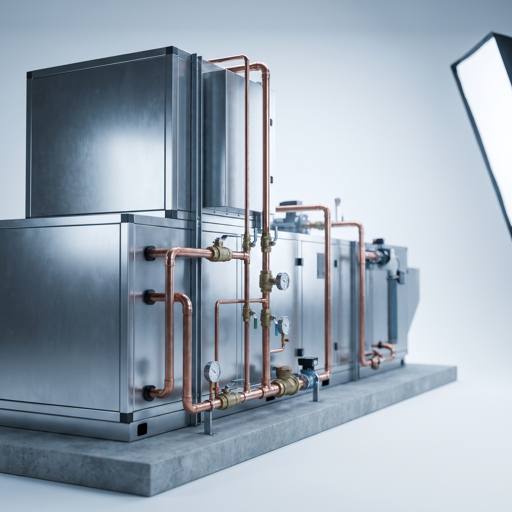 AI Design for Professional studio product photography of {{product:HVAC & MEP Equipment}}, captured with crisp industrial lighting against a clean, neutral gradient background. Focus on the intricate metallic textures, polished steel surfaces, and precision engineering details, utilizing a shallow depth of field to emphasize the structural complexity and commercial aesthetic.