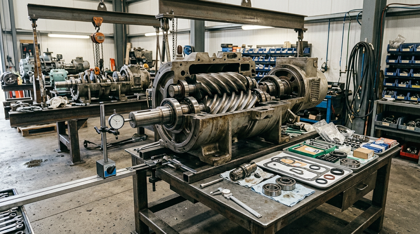 AI Design for Create a highly photorealistic **documentary-style industrial engineering photograph** showing a real compressor overhaul facility during professional maintenance work. Clearly show a large industrial **compressor assembly** with its housing opened for inspection, accurately exposed internal components, crankshaft or rotor assembly, bearings, seals, valves and other serviceable components arranged naturally around the equipment. Include realistic inspection and rebuilding details such as precision measuring instruments, removed components on organized work surfaces, replacement gaskets and seals, torque tools, cleaning equipment and correctly positioned maintenance fixtures. Where appropriate, show separate visual cues for reciprocating, screw or centrifugal compressor technology without combining incompatible components into one machine.
The facility should look like a genuine working industrial workshop with realistic site conditions: concrete or metal flooring, overhead lifting equipment, maintenance stands, oil stains, minor grease marks, dust, used but organized tools, component storage racks, partially disassembled equipment, protective covers and subtle signs of ongoing mechanical maintenance. Keep the workspace professionally managed rather than artificially clean or chaotic.
Show the compressor in a believable **inspection → rebuilding → component replacement → recommissioning** stage, with realistic gauges, alignment tools, test instruments and service connections positioned where technically appropriate. Authentic steel, cast-metal, machined-metal, rubber and gasket textures with natural wear, scratches, discoloration and machining marks. Natural workshop lighting, realistic shadows and reflections, true industrial scale, documentary photography, physically plausible mechanical construction and understated premium composition suitable for a corporate engineering service webpage.
**Strict requirements:** no humans, no workers, no mannequins, no text, no logos, no brand names, no readable labels, no futuristic machinery, no impossible mechanical assemblies, no floating components, no perfectly clean showroom environment, no excessive cinematic effects, no artificial symmetry, no glossy CGI appearance, no 3D-rendered look. Do not show incompatible compressor technologies merged into a single machine.
The final image must look like an **authentic photograph taken inside a professional compressor overhaul and testing workshop**, with technically accurate equipment, realistic maintenance procedures and genuine industrial site conditions.