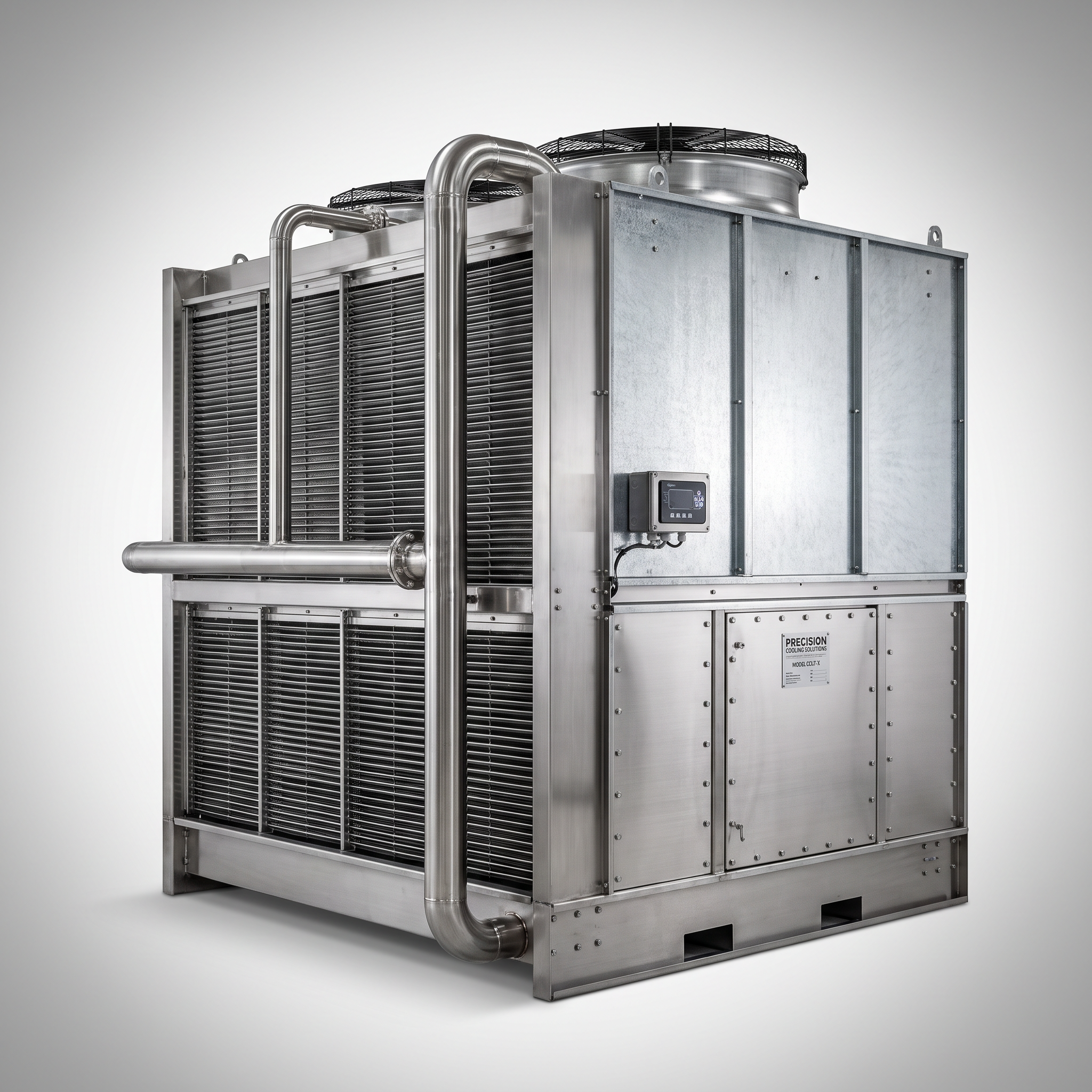 AI Design for Professional studio product photography of a {{product:Closed-Circuit Cooling Towers}}, captured with crisp industrial lighting against a clean, neutral gradient background. Focus on the intricate metallic textures, polished steel surfaces, and precision engineering details, utilizing a shallow depth of field to emphasize the structural complexity. High-resolution, sharp focus, commercial aesthetic suitable for a technical catalog or website hero banner.